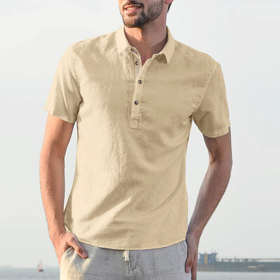 

Toponeto Mens Baggy Cotton Linen Solid Short Sleeve Button Turn-down Collar Shirts Tops