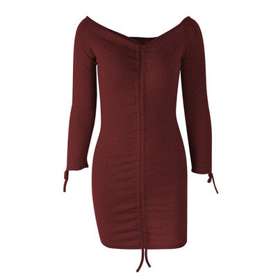 

Autumn And Winter Pit Sexy Bag Hip Long Sleeve Dress Long Skirt Solid Color Slash Neck Drawstring Knit Dress