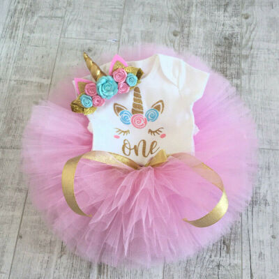 

3PCS Baby Girl 1st Birthday Outfit Party Unicorn Romper Cake Smash Tutu Dress