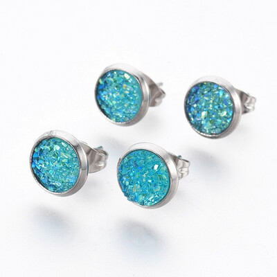 

304 Stainless Steel Stud Earrings with Resin Druzy Flat Round DeepSkyBlue 14x10mm Pin 08mm