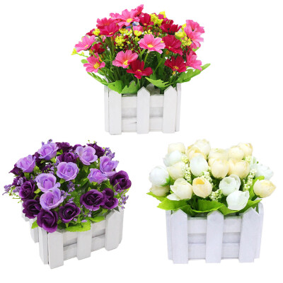 

Artificial Flowers Small Potted Plant Chrysanthemum Set Wood Fence Fake Rose Home Living Room Wedding Decoration Random Color