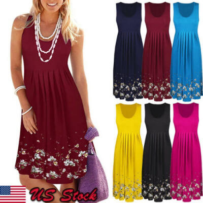 

USA Womens Summer Cotton Vest Sleeveless Sundress Beach Loose Dress Tank Top