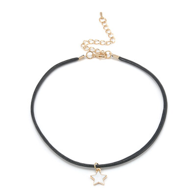 

Punk Gothic Black Cord Leather Choker Charm Retro Bib Necklace Triangle Five Stars Pendant Jewelry For Women