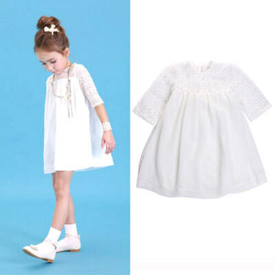 

White Kids Girl Clothes Openwork Lace Chiffon Crochet Floral Short Sleeve Dress