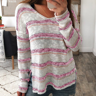 

Nomeni Women Ladies Sexy V-neck Stripe Long Sleeve Pullover Tops Knitting Shirt