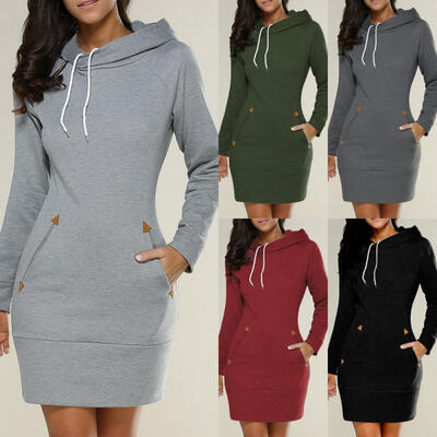 

Womens Casual Hooded Long Sleeve Bodycon Hoodies Sweatshirt Jumper Dress Tops