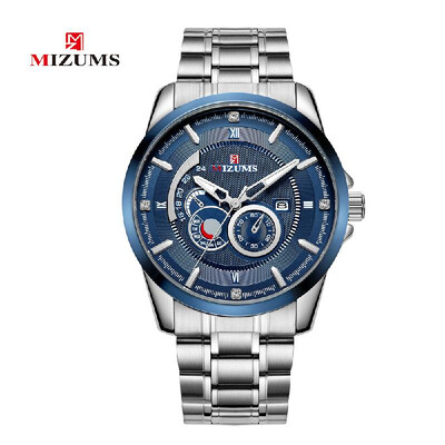 

MIZUMS Men Fashion Alloy Case Stainless Steel Band Watch Business Calendar Waterproof Quartz Wrist Watch