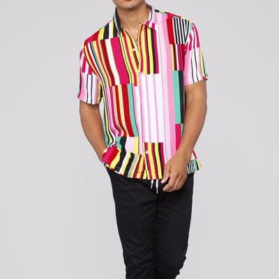 

Toponeto Men Short Sleeve Multicolor Irregular Stripe Button-down T-Shirt Men Blouse