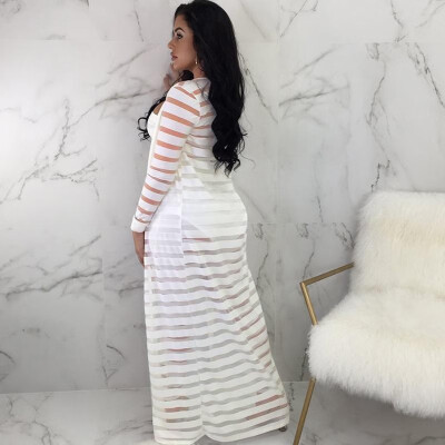 

Sexy Women 3 Pieces Set Hollow Out Sheer Stripe Mesh Strapless Crop Top Long Sleeve Cardigan High Waist Pants Plus Size Party Club