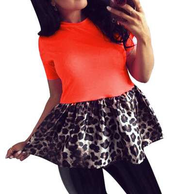 

Female T-shirt Fashion O-neck Casual Plus Size Short-sleeved Solid Color Stitching Leopard Flower Knitted Regular T Shirt