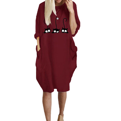 

New Autumn Fashion Women Casual Cartoon Print Loose Dress With Pocket Long Sleeve Midi Dress