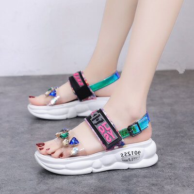 

Korean style fashion&clear water drill sandal letter water-proof platform high-heeled shoes summer fairy wind