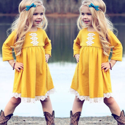 

Toddler Baby Girls Long Sleeves Solid Lace Kids Clothing Princess Dress