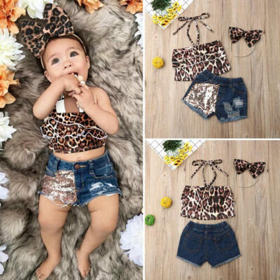 

UK Toddler Baby Girl Tops Leopard Sling Denim Dhorts Headband Outfit Clothes Set