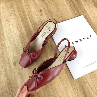 

Retro square bow thick heel sandals chic spring&summer buckle red sandals women