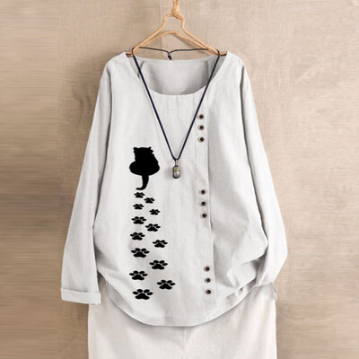

Tailored Plus Size Women Long Sleeve Cotton Linen O-Neck Cat Print Blouse Top T-Shirt