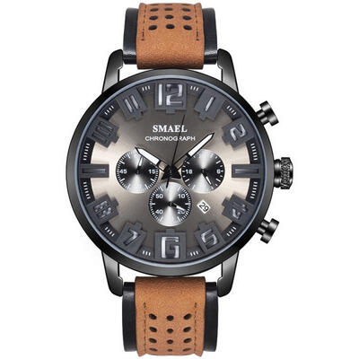 

SMAEL 9077 Fashion Quartz Watch Casual Waterproof Wristwatch With Leather Strap Male Calendar Watches