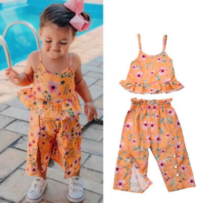 

Summer Toddler Kids Baby Girl Clothes Flower Sling Vest TopsPants Outfits Set