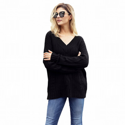 

V-neck long-sleeved pullover ribbed knit sweater