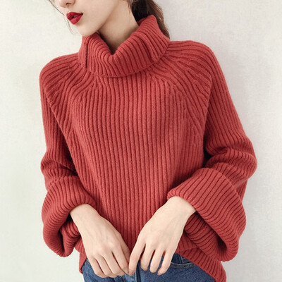 

High necked women winter Korea version of small fresh horn sleeves languid loose thick sweet sweater bottom knitted sweater