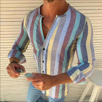 

Fashion Mens V Neck Slim Fit Casual Shirts Long Sleeve Stripe Dress Shirts Tops
