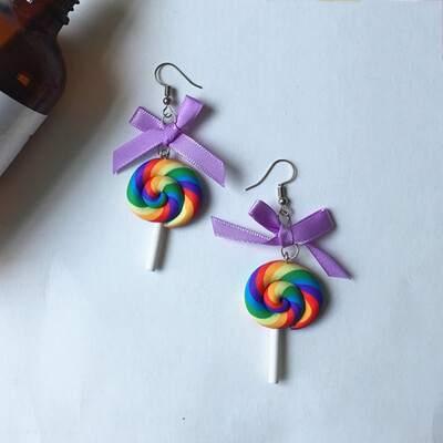 

New Bow Tie Rainbow Swirl Lollipop Earrings Earring Candy Costume Trendy Style Woman Girl Jewelry