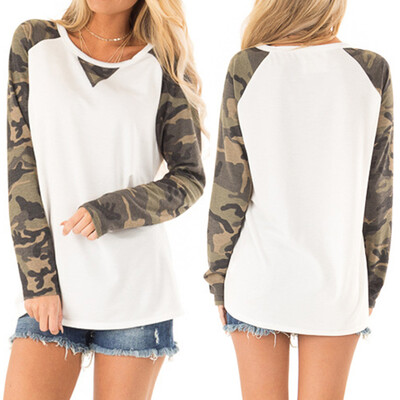 

Starmoon Women Casual Camouflage Blouse Round Neck Long Sleeve Splice Shirts Loose Top