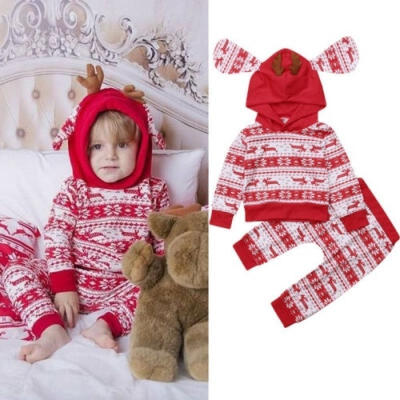 

Newborn Christmas Kid Baby Girl Boy Xmas Outfit Long Sleeve Hooded TopsPants Trouser Clothes