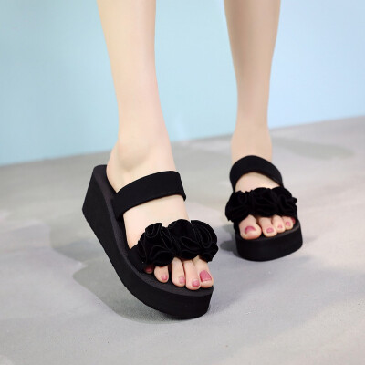 

Rose Fashion Women Slip-on Open Toe Wedges Heels Black Color Flower Slipper Shoes