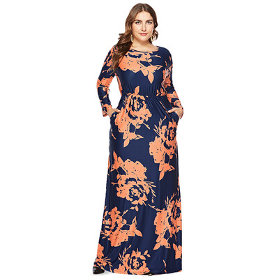 

Round Collar Long Sleeve Floral Print Pocket Plus Size Women Dress