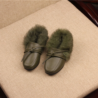 

Children Kid Baby Girls Solid Tie Warm Leather Hair Student Single Shoes