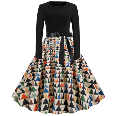 

Tailored Womens Vintage Print Long Sleeve Christmas Evening Party Swing Dress
