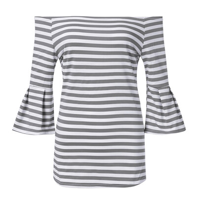 

Nomeni Womens Summrt Off Shoulder Flared Sleeve Stripe T Shirt Top Blouse