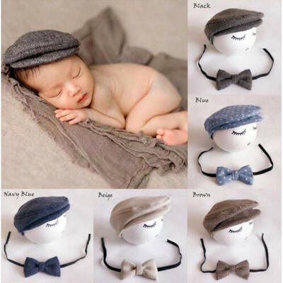 

Newborn Baby Boy Infant Peaked Beanie Cap Hat Bow Tie Photography Props Set