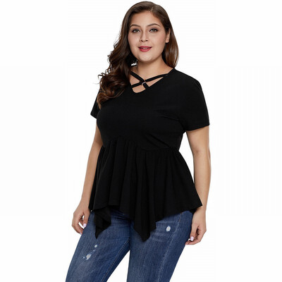 

Plus Size solid color V-neck short-sleeved smock