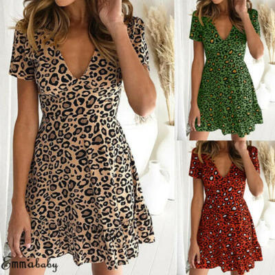 

Women Short Sleeve Frill Boho Leopard Mini Dress Ladies Summer Sundress Holiday