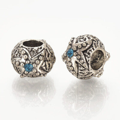 

Alloy European Beads with Rhinestone Large Hole Beads Rondelle with Starfish Antique Silver Aquamarine 8x13x115mm