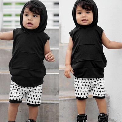 

Toddler Baby Girls Boys Solid Hooded Tops PulloverCross Print Shorts Outfit Set