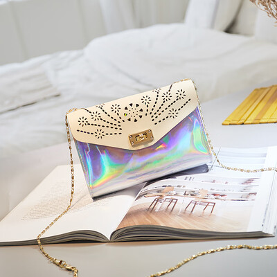 

2019 New Style Patchwork Hollow Out Flap Women Hollow Holographic Bag Mini Transparent Tote Hologram Handbag Purse Laser