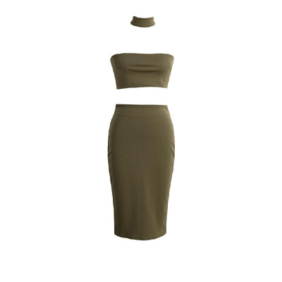 

New Women Two-Piece Set Off Shoulder Back Zipper Closure Halterneck Crop Top Midi Skirt Set WhiteBlackDark Green