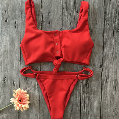 

Roseonmyhand Women Bikini Set Swimwear Push-Up Padded Solid Button Bra Swimsuit Beachwear