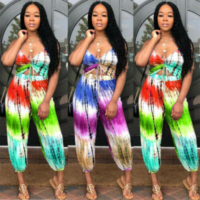 

Women 2 Piece Outfits Sleeveless Deep V Crop Top Pants Bloom Set Casual Jumpsuit