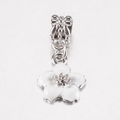 

Tibetan Style Alloy Enamel European Dangle Beads Large Hole Pendants Flower Antique Silver White 29mm