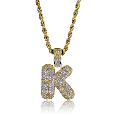 

Usable 24K Gold With Diamond Hip Hop Unisex Bubble 26 Letters Pendant Necklace Iced Out Men Cuban Gold Chain Necklace