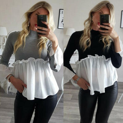 

Women Long Bell Sleeve Shirt Tops O Neck Stitching Loose Blouse Mini Dress Shirt