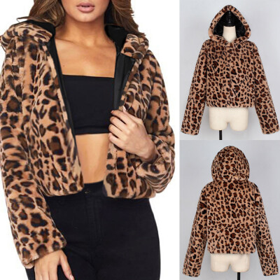 

Roseonmyhand Women Winter Leopard Hoodie Faux Fur Long Sleeve Cardigan Jacket Outwear Coat