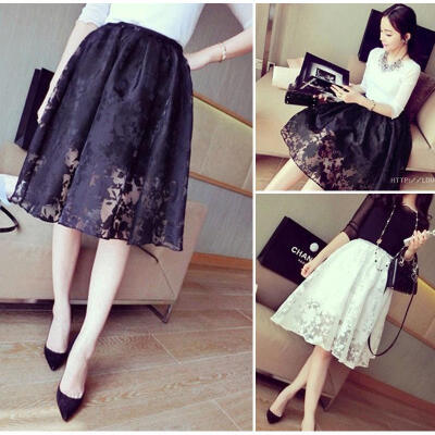 

NEW Women Double Layer Lace Pleated Retro Long Maxi Dress Elastic Waist Skirt