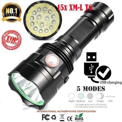 

Saidsome 15x XM- T6 LED Flashlight 5 Modes 2665018650 Camping Torch Lamp Light flashlight lamp