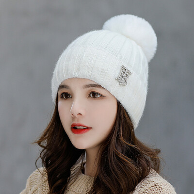 

Hat women fallwinter Korean version of wool ball wool lettering thickened thermal head cap solid color outdoor knit cap wholesale