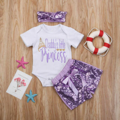 

Newborn Baby Girls Princess Romper TopsSequins ShortsHeadband Outfits Clothes